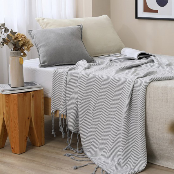 Cozy inn♒極簡人字紋流蘇萬用針織毯-灰